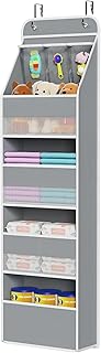 Univivi 5-Shelf Space Saving Door Storage Over Door Hanging Organizer with 4 Large Capacity Roomy Pockets Closet Cabinet Wall Mount Hanging Easy Install Storage Organizers for Baby Nursery (Grey)