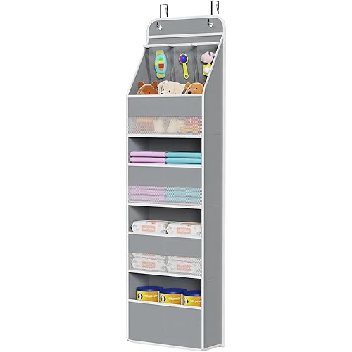 Univivi 5-Shelf Fabric Door Storage Over Door Hanging Organizer with 4 Large Pockets and 3 Small PVC Pockets Nursery Closet Cabinet Wall Mount Hanging Storage Organizers for Baby Nursery (Grey)