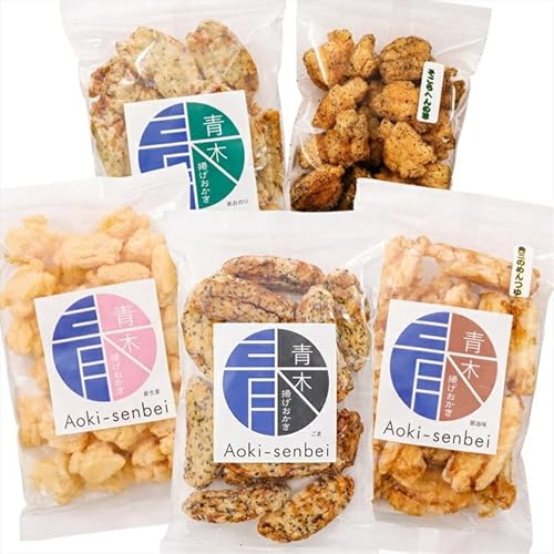 青木煎餅 専門店の「揚げおかき」セット5種 そこらへんの草セット|そこらへんの草(バジル) 新生姜 角三のめんつゆ 青のり 一味唐辛子 専門店の揚げおかき [0623]