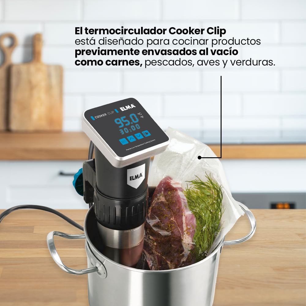 ELMA Termocirculador para Cocinar a Baja Temperatura Alimentos Envasados al Vacío | Modelo Cooker Clip Sous Vide 1200W, Inmersión a Prueba de Agua IPX7 | 9,2 x 16,1 x 33,0 cm