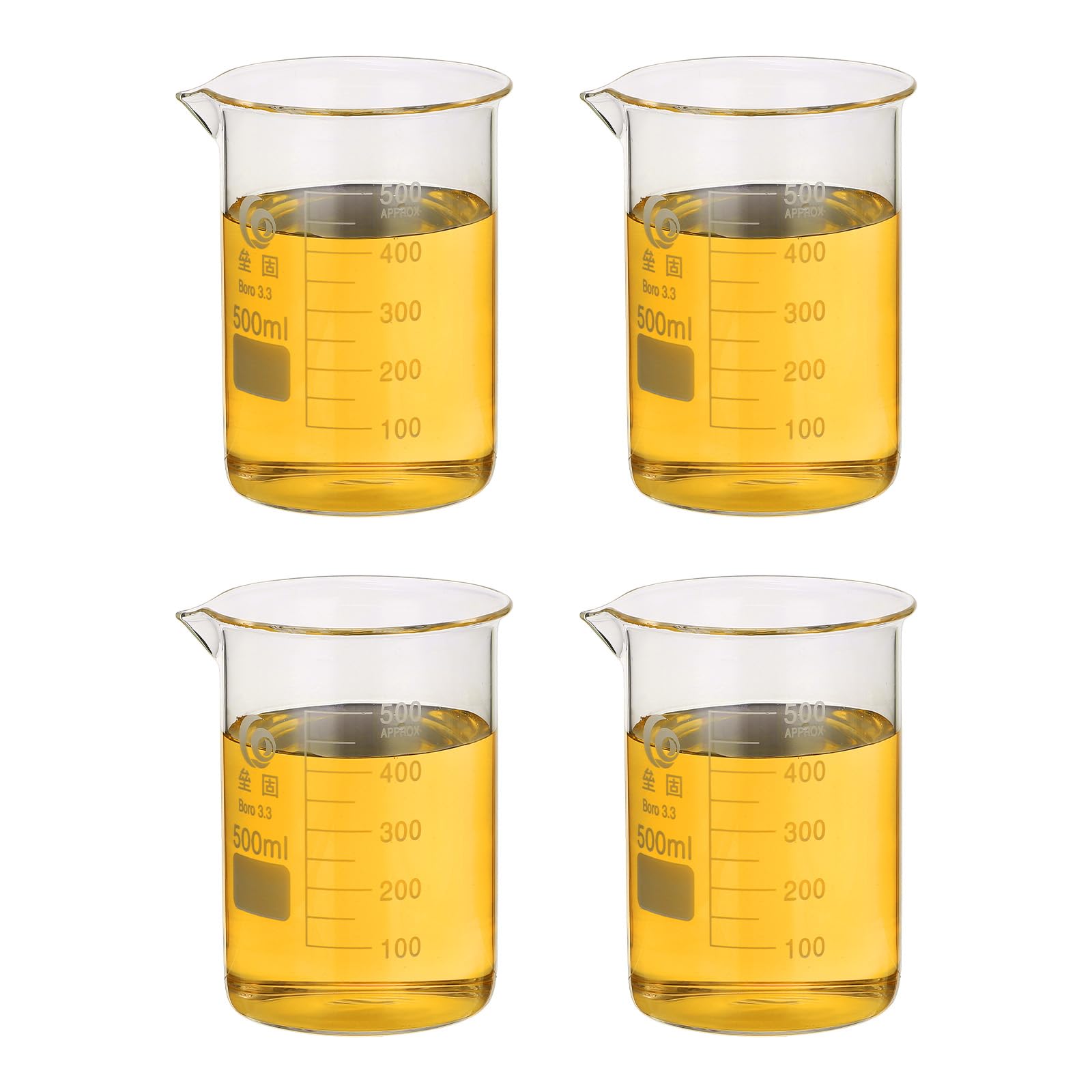 PATIKIL 500ml Vaso Bajo, 4Pcs Vasos De Borosilicato 3.3 Taza Medición Graduada Con Pico Experimentos Laboratorio, Cocina Y Repostería, Transparente
