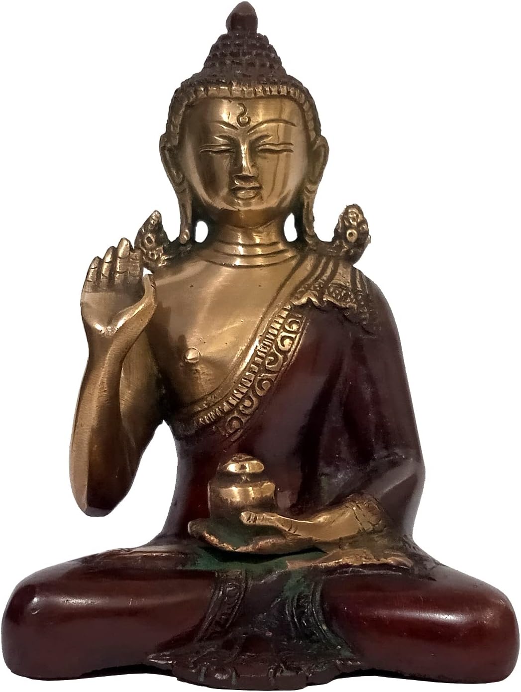 Purpledip Brass Idol Lord Buddha in Unique Maroon Finish Vitarka Mudra or Preaching Posture: Collectible Statue for Temple, Decor Or Gifting (10999)