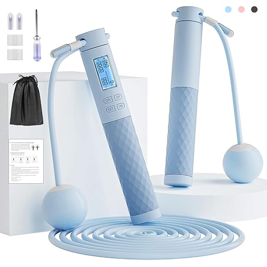 Fitness Jump Ropes with Calorie Counter and Silicone Handles for Women Men Kids with Speed Cordless Ball and 9.2 ft Adjustable Anti-Tangle PVC Wire Rope for Fitness Crossfit Indoor Outdoor Workout