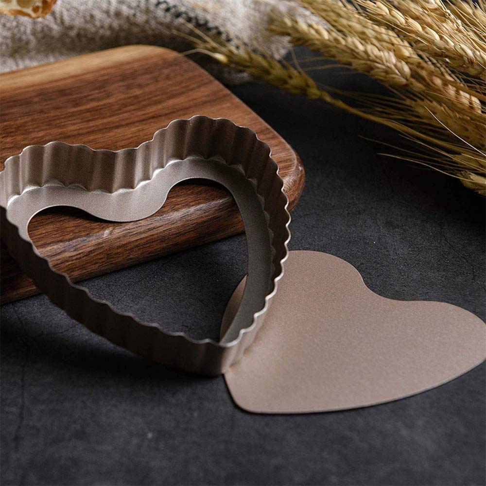 Juego de 4 moldes para Tarta de Quiche de 4 Pulgadas, Molde Desmontable para flan Estriado/Tarta con Fondo Desmontable, en Forma de corazón, Revestimiento Antiadherente, 4 Piezas