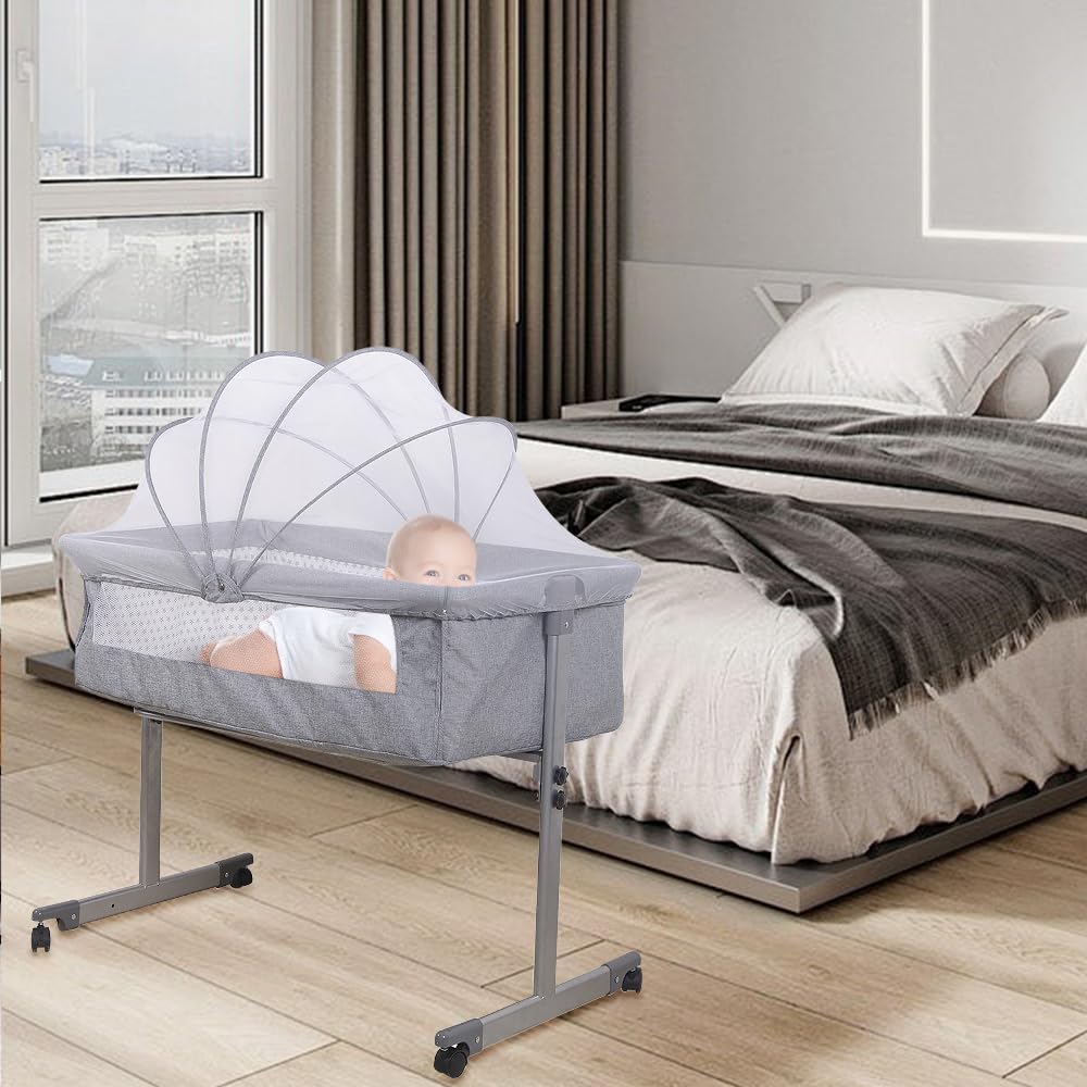 HUOLE Camita para niños hasta 25 kg 5 Regulación Gradual de la Altura 2 Ruedas para desplazar Organizador Mosquitera,Cuna Colecho 2 en 1, 96 * 57 * 77cm-Gris