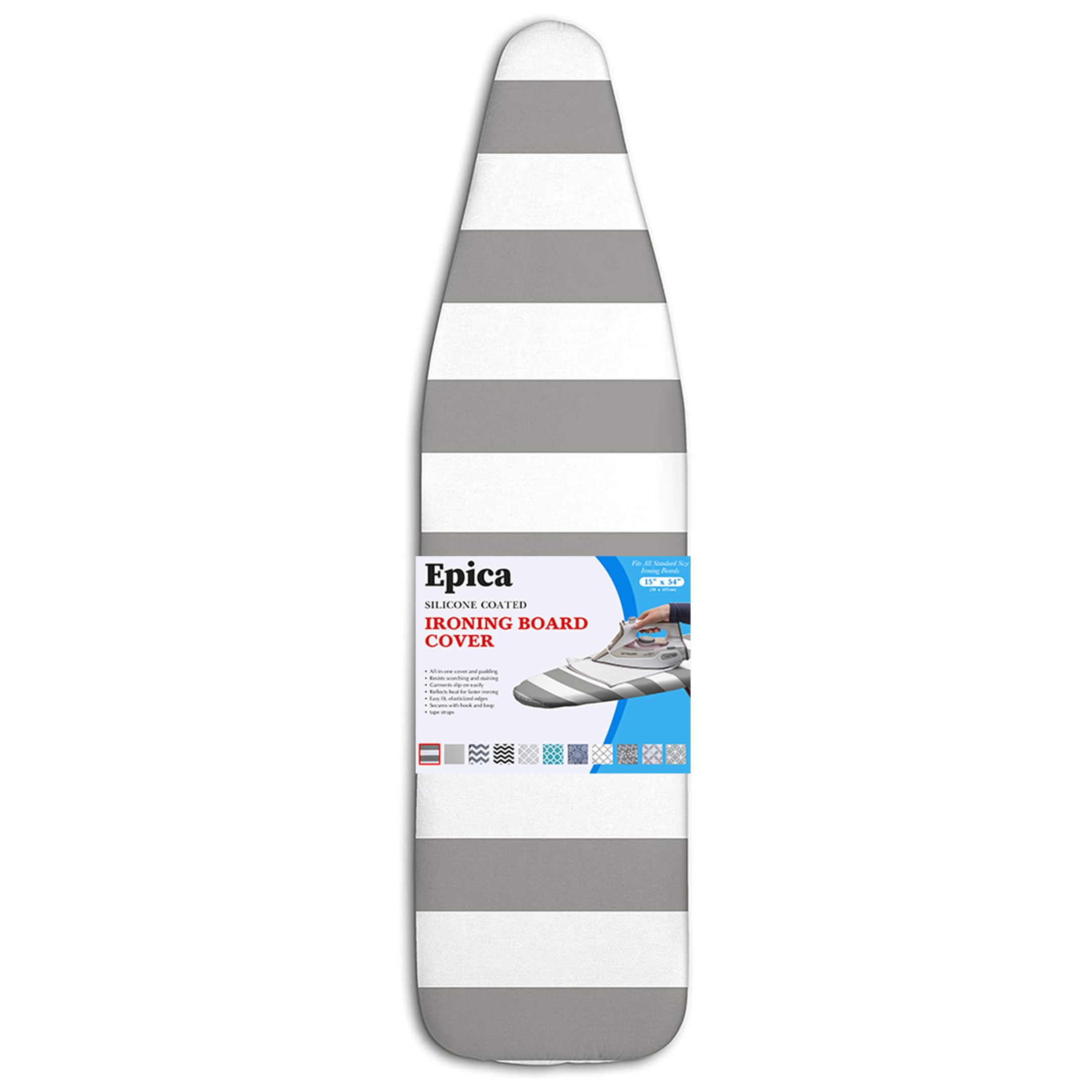 Epica Silicone Coated Ironing Board Cover- Resists Scorching and Staining - 15"x54" (Board not Included) (Grey and White Stripe)
