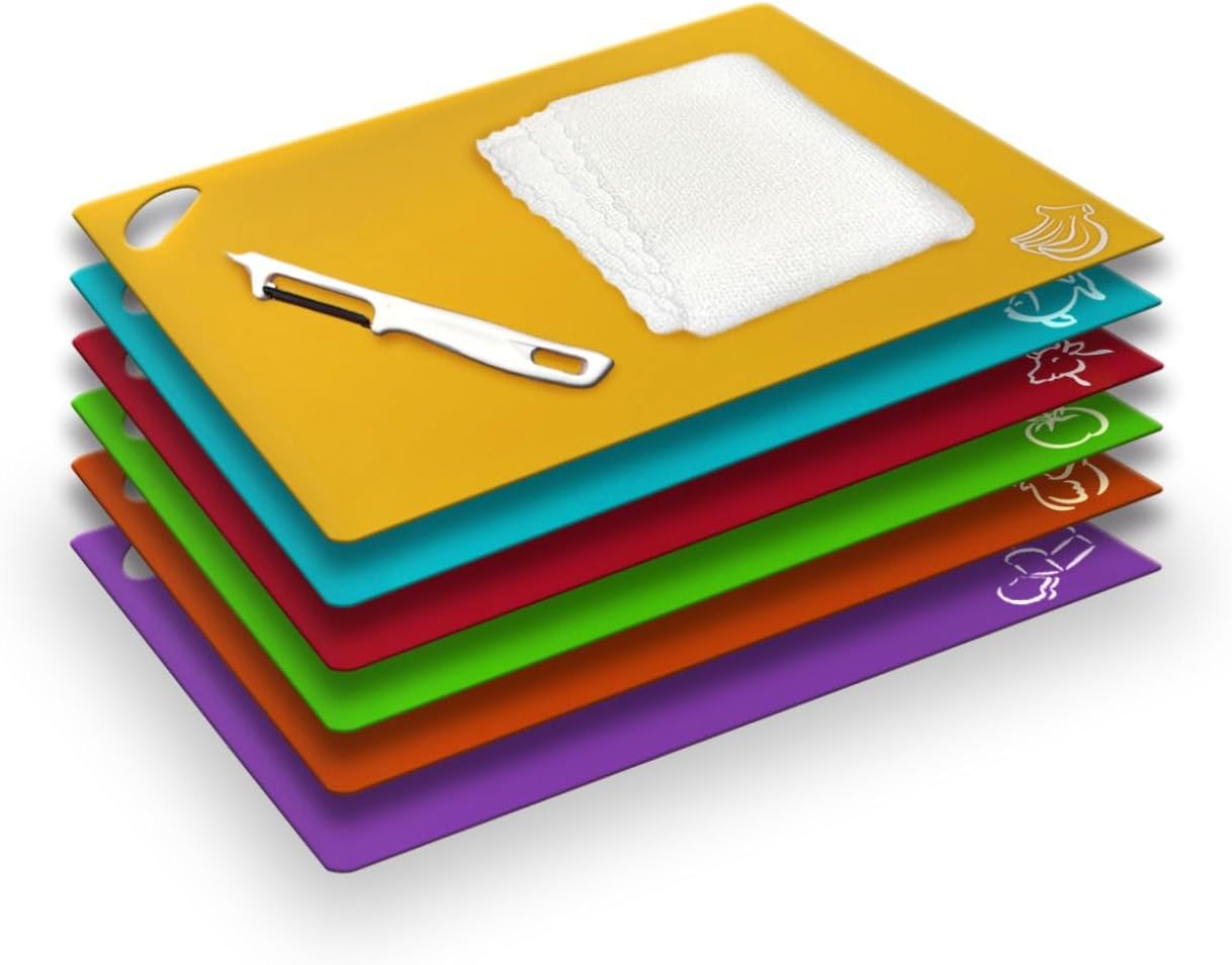 EMMANA Plastic Cutting Boards For Kitchen. Set of 8 – 6 Color-Coded Flexible Plastic Mats with Food Icons + Peeler & Microfiber Towel – BPA-Free, Non-Slip Back, Dishwasher Safe, Durable & Non-Porous EMMANA Plastic Cutting Boards For Kitchen. Set of 8 – 6 Color-Coded Flexible Plastic Mats with Food Icons + Peeler & Microfiber Towel – BPA-Free, Non-Slip Back, Dishwasher Safe, Durable & Non-Porous