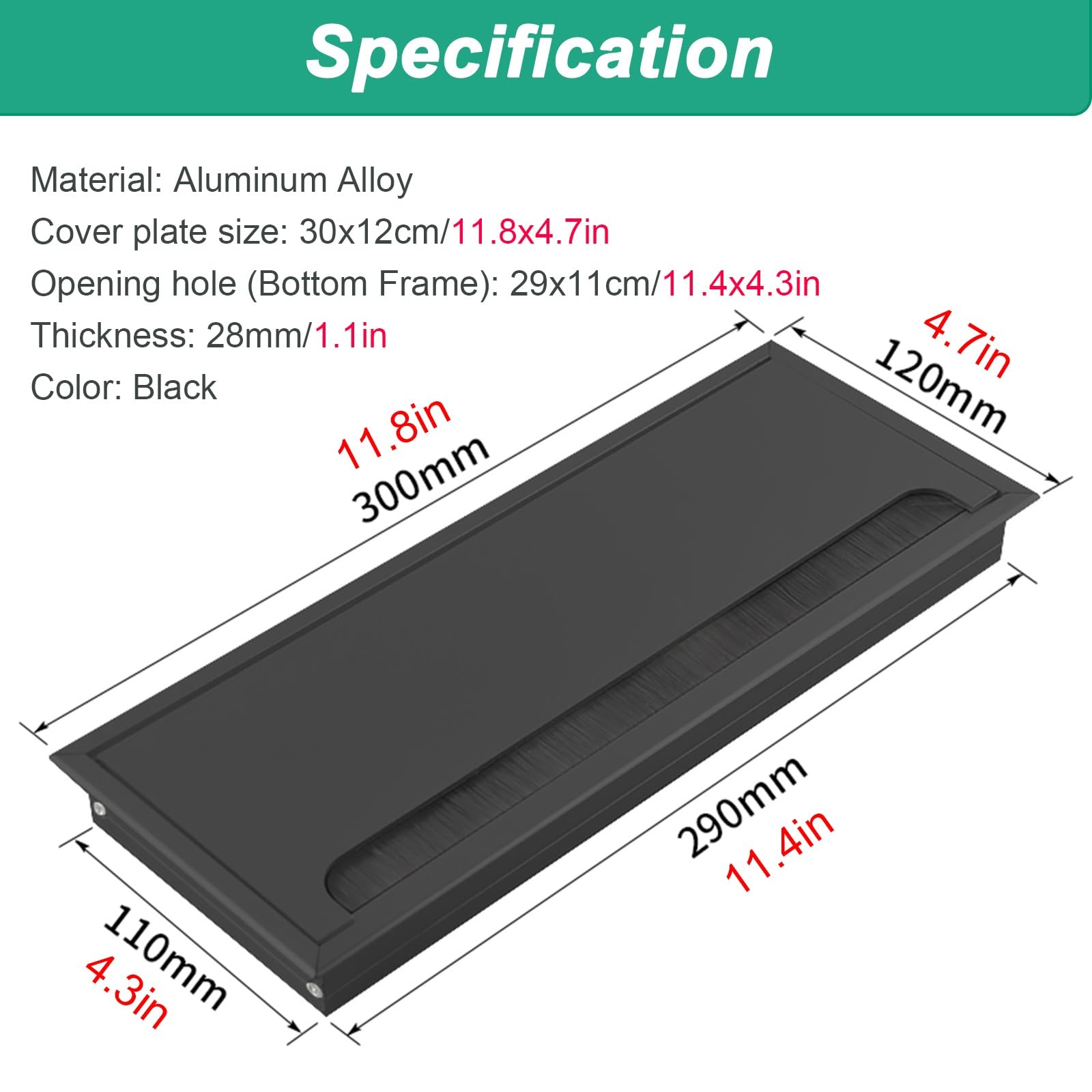 schreibtisch kabeldurchführung Schreibtisch-Kabelkanal mit schwarzer Bürste, Quadratischer Aluminiumlegierung-Drahtdurchlaufdeckel zur Verwaltung von Computer-Schreibtischkabeln(300x120mm/11.8x4.7in)