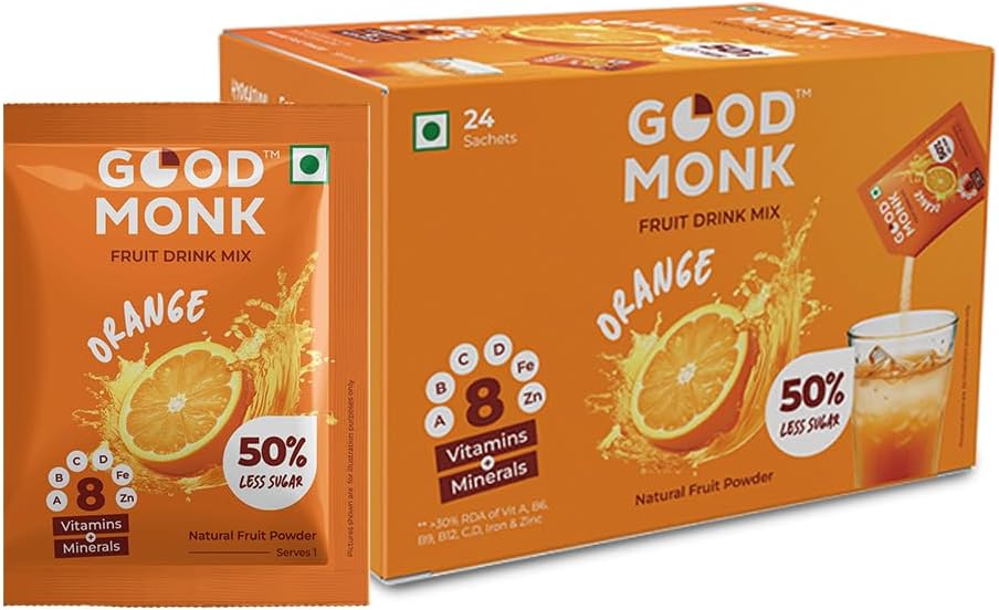 Fruit Drink Mix (Natural Orange Powder), 50% Less Sugar with 8 Vitamins & Minerals (Vitamin B12, C, D, Iron & more) | Tasty, Healthy & Tangy Drink Mix for Hydration, Energy, Immunity, 24 Sachets