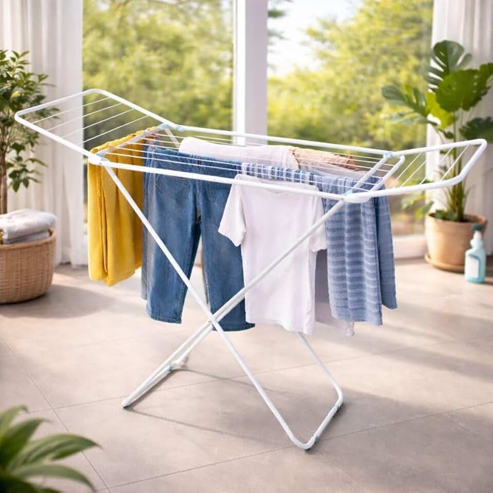 Varal de Chão Premium com Abas Dobrável Slim Aço Resistente Compacto Portátil Leve Dobrável com Pintura Epóxi Ideal para Apartamentos Lavanderia Varal de Roupas Interno Externo Prático Durável