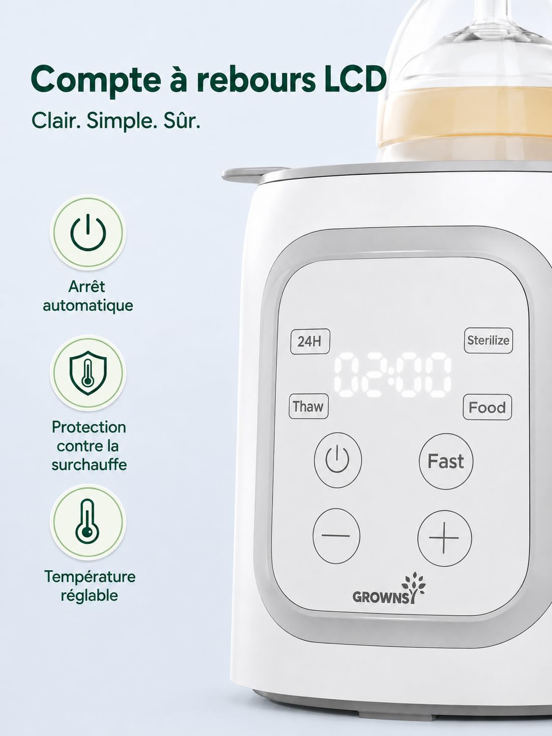 GROWNSY Chauffe-Biberon 10-en-1, Chauffage Rapide pour Lait Maternel et Lait Infantile, Contrôle Intelligent de la Température et Arrêt Automatique, Indispensable pour Nouveau-Né, Rose Poudré
