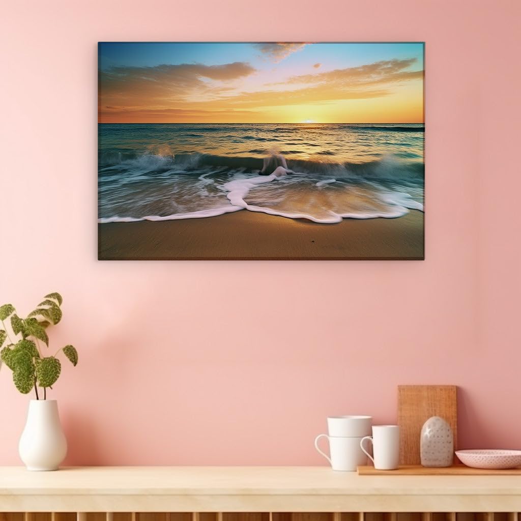 Canvas for Living room. Sunset Serenity at Sea - Where Fiery Skies Embrace Golden Shores, 27 x 18 inch Canvas Wall Art - Contemporary Masterpieces - Modern Home Decor