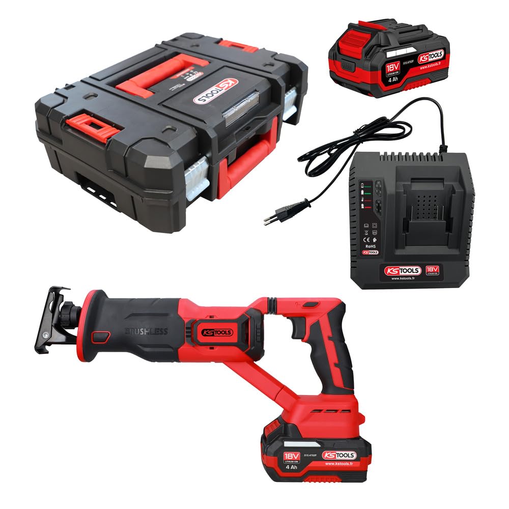 KS Tools - 515.4775F - Sega a sciabola senza fili 18 V Brushless in scatola con 2 batterie 4 Ah e caricatore - 3000 colpi/min - Taglio legno metallo alluminio - Sega a sciabola professionale