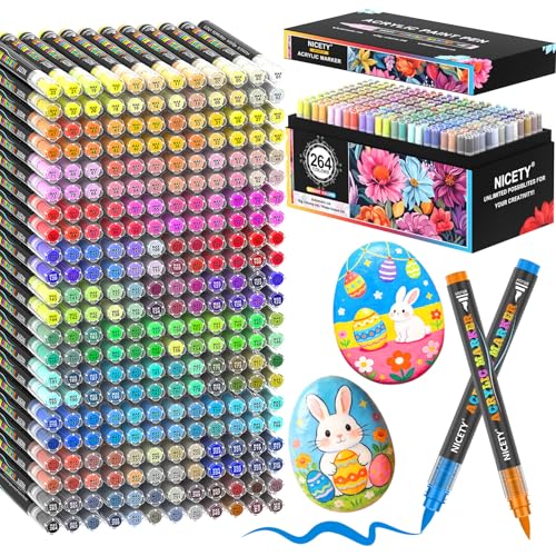 NICETY 264 Feutres Acryliques à Pointe Pinceau - Marqueurs Peinture à l'Eau Multi-Supports pour Pierre, Bois, Céramique, Verre - Pointe Flexible 1-6mm pour Artistes, Débutants et Adultes