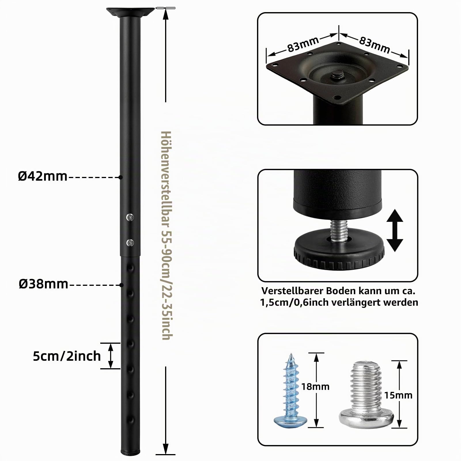 Jahof Tischbeine Metall Höhenverstellbar 55-90 cm für Schreibtisch, Esstisch, Couchtisch, Bürotisch, Ø42/38 mm (4, Schwarz)