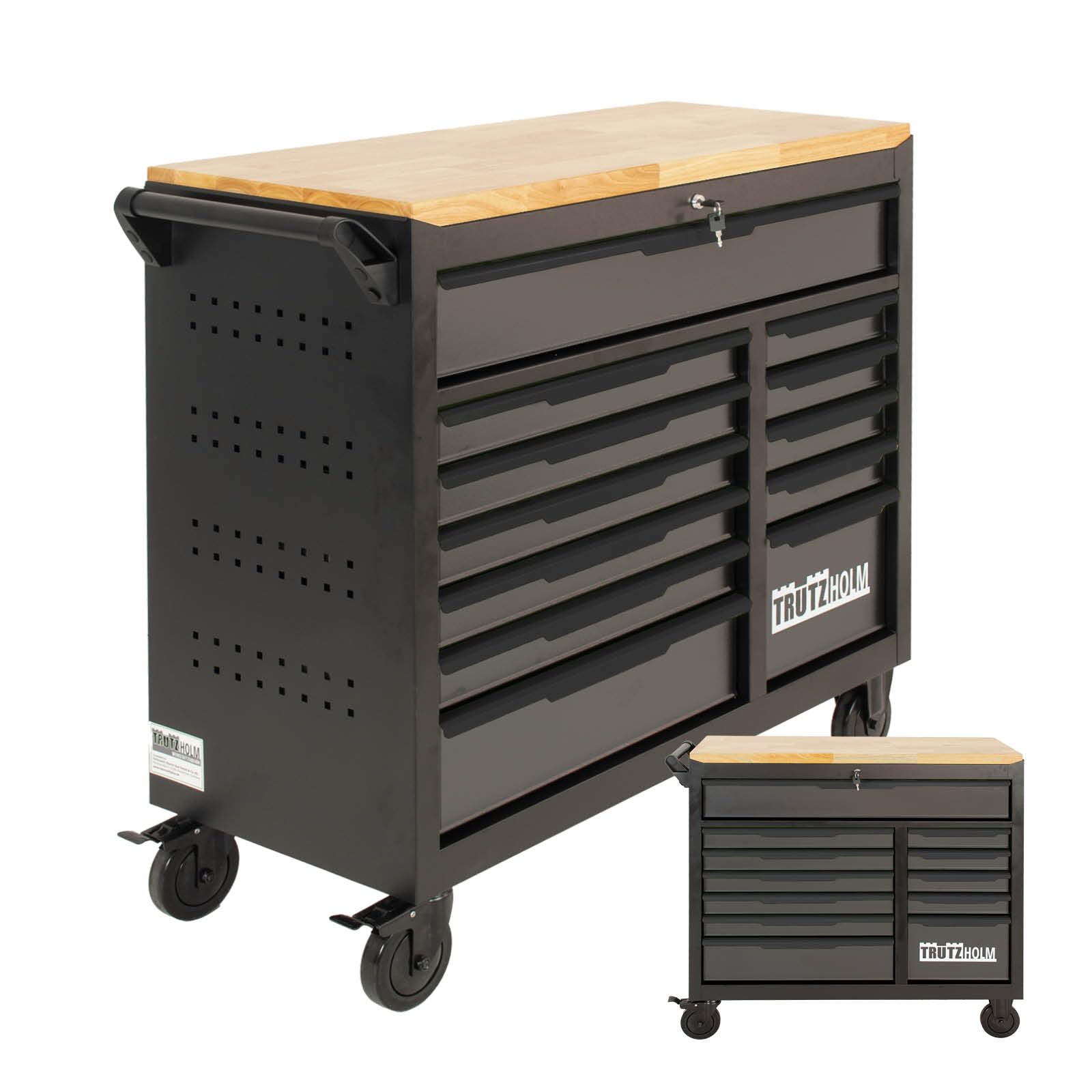 TRUTZHOLM Werkstattwagen Star XL 12 Schubladen unbestück Hartholz-Arbeitsplatte 103 x 112 cm mit Feststellbremsen, abschließbar Werkzeugwagen Anthrazit