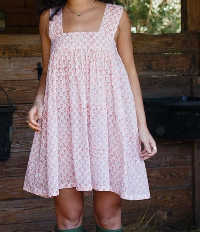 Image of Women Floral Tie Shoulder Mini Dress Cute Square Neck Loose Fit Beach Short Dress Backless Boho Vocation Sundress