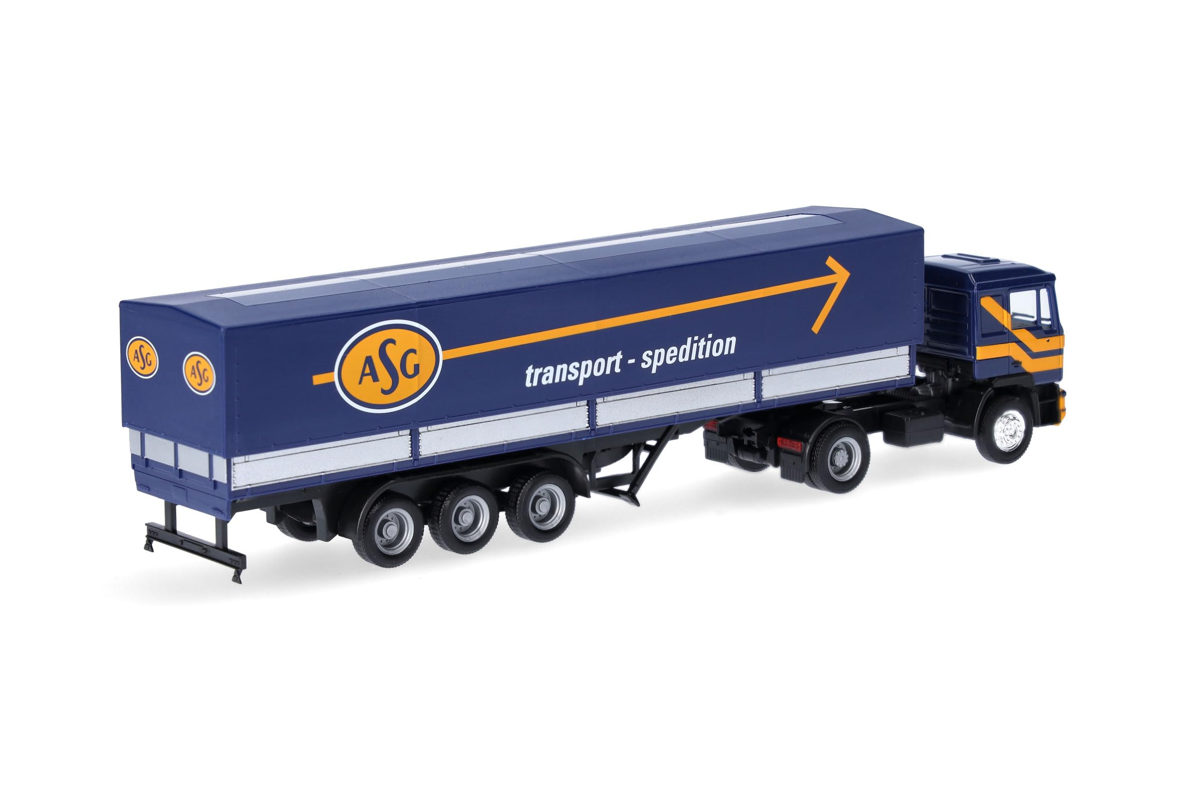 Herpa model ciężarówki MAN F90 naczepa plandekowa „ASG” (Szwecja), miniatura w skali 1:87, model kolekcjonerski, wyprodukowano w Niemczech, tworzywo sztuczne