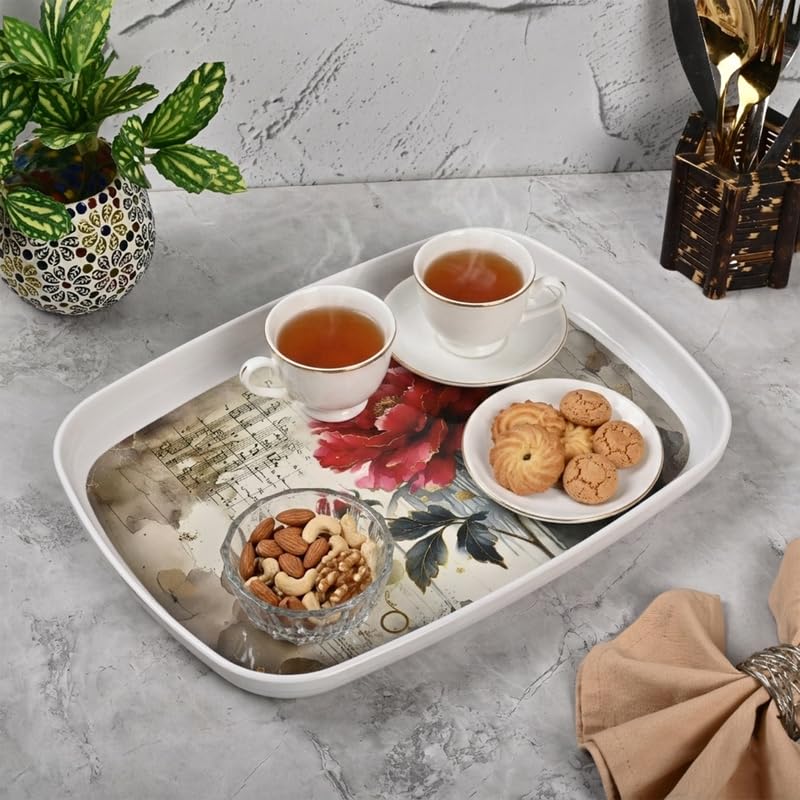 Image of Golden Fish Serving Tray Set of 2 with Floral Print, Rectangular Rounded Edge Tray for Kitchen, Dining & Tea Serving, Lightweight Durable Multipurpose Food & Snack Tray