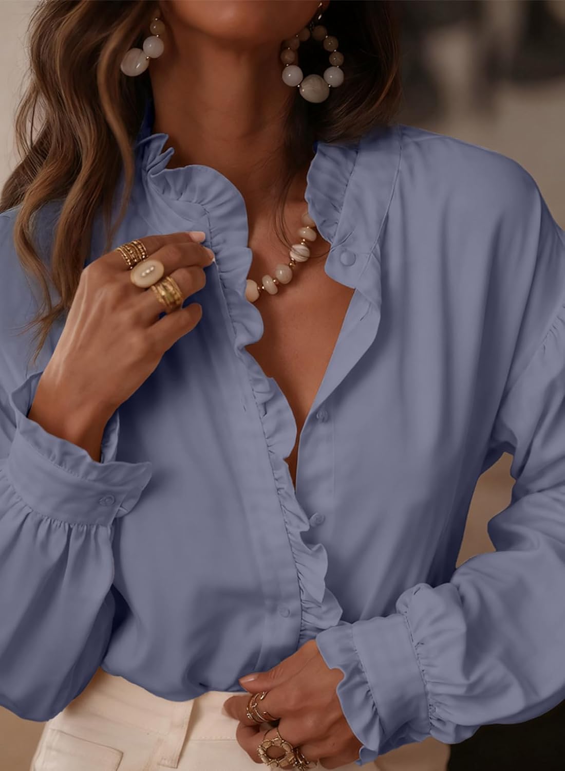 Astylish Womens Dressy Casual Button Down Shirts Ruffle Long Sleeve V Neck Checkered Work Blouse Business Casual 2025 Fall Blouse Tops Dusk Blue Medium - Image 3