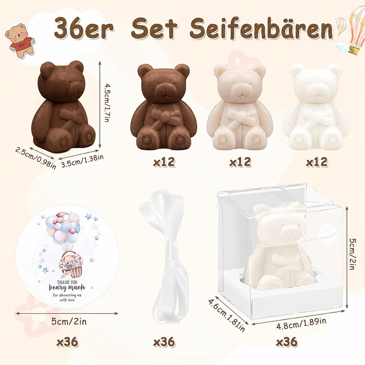 36er Set Bärchen-Seifen als Gastgeschenke, Mini-Duftseifen mit Klarsichtboxen, Schleifen & Dankeskarten, Give-aways für Taufe, Babyparty, Hochzeit, Gender Reveal & Geburtstag, Weiß & Braun