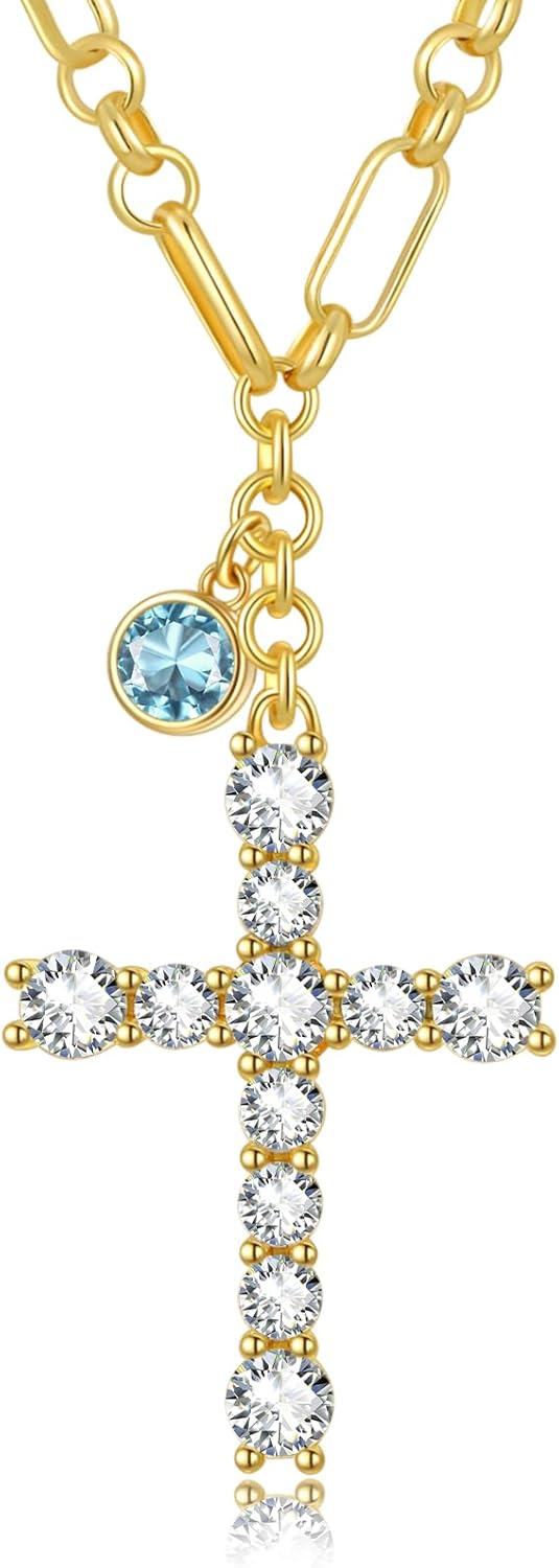 Cross Birthstone Necklace for Women 14K Gold Anniversary Birthday Gift for Wife Mom Protection Christian Jewelry Adjustable Chain