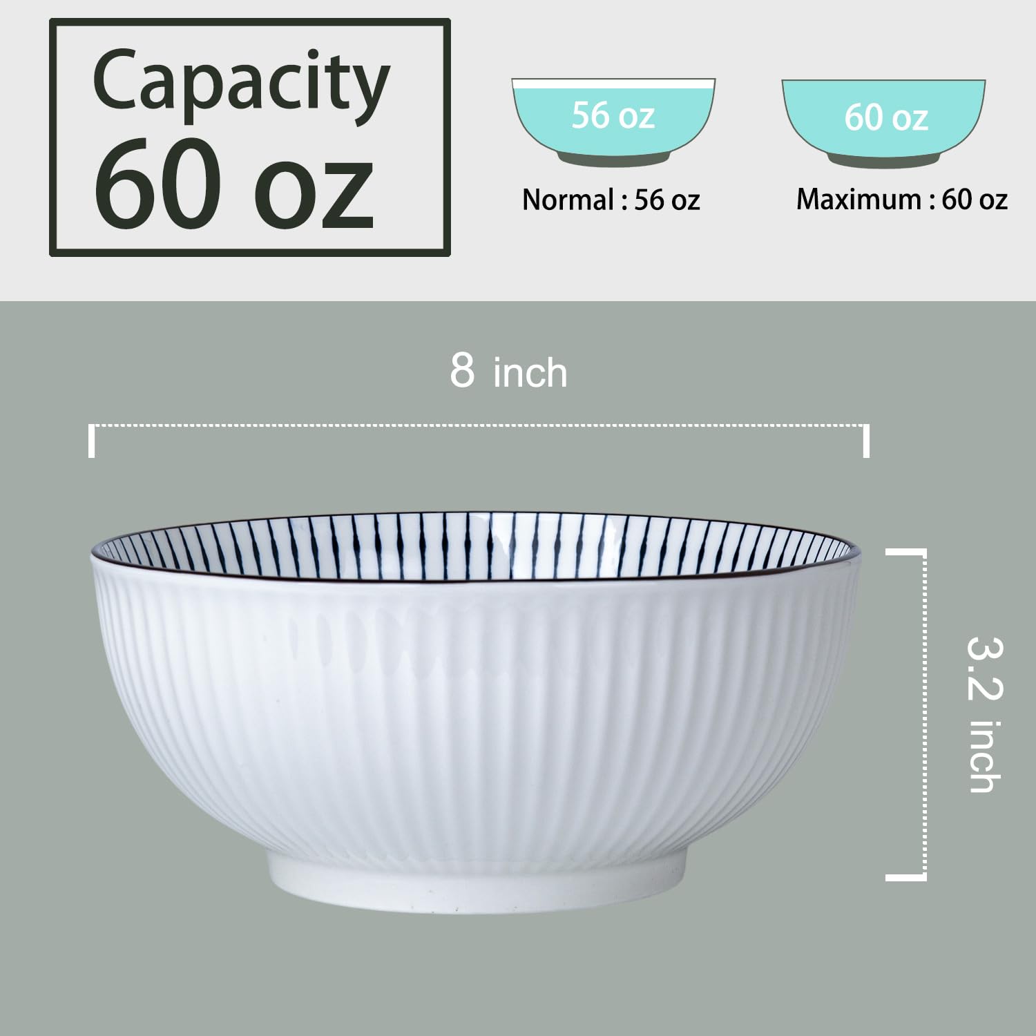 Juego de 3 cuencos grandes de sopa de 60 onzas, cuencos Pho de cerámica japonesa azul y blanca de 8 pulgadas, patrón de rayas