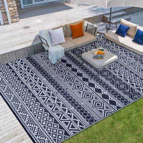 GarveeLife Waterproof Outdoor Rug 8x10 Plastic Straw Reversible Rug Large Modern Geometric Floor Mat for Outdoors, UV Resistant Foldable Portable Carpet for RV, Deck, Picnic, Beach, Navy/White by GarveeLife - Used condition - Image 3