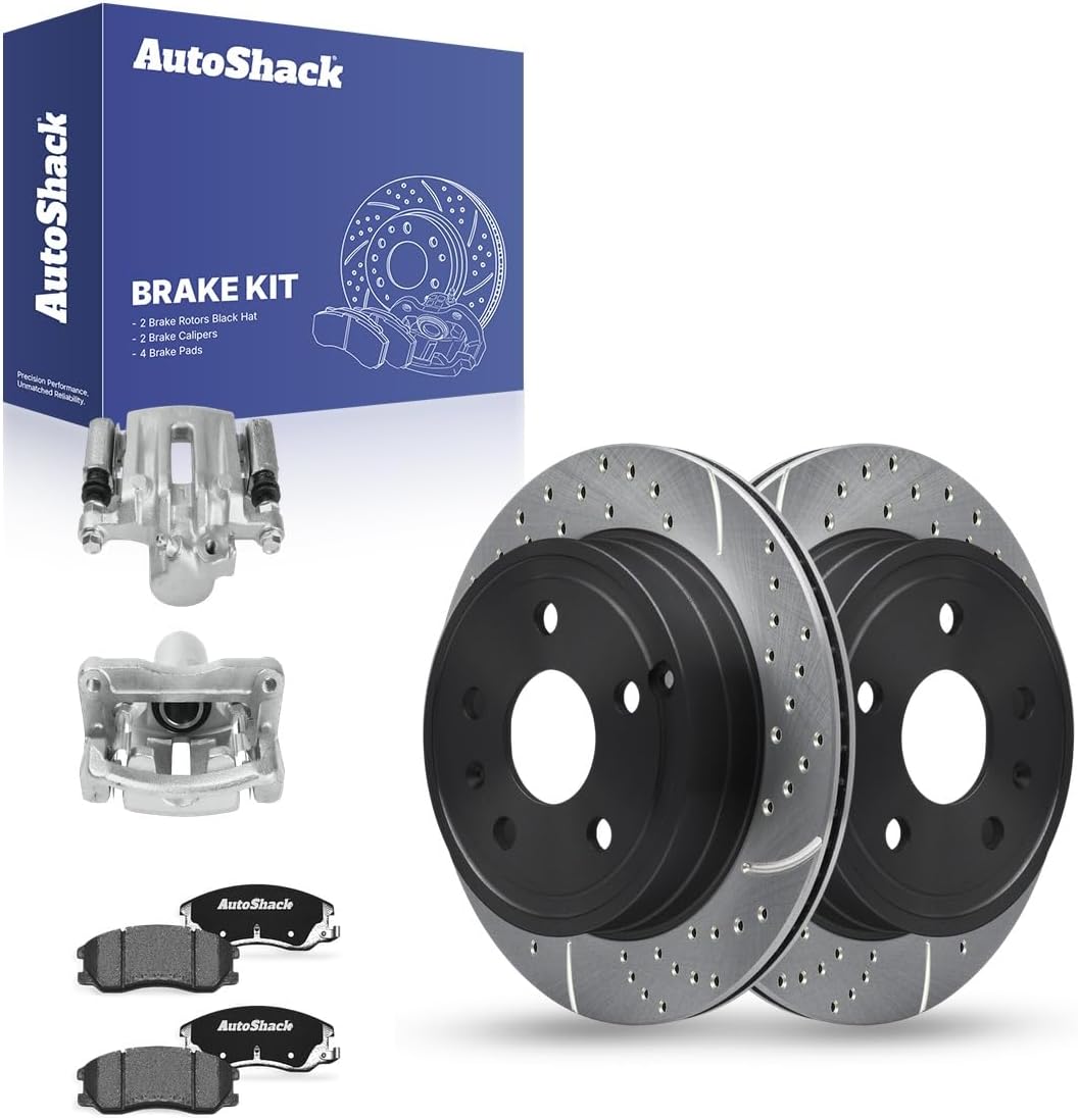 AutoShack Rear Brake Rotors, Ceramic Pads & Calipers for Chevrolet, Equinox 2010-2017, AWD FWD L4 2.4L V6 3.0L 3.6L - E-Coated Drilled & Slotted - ShadowGuard - 11.93" (302.9 mm), 5-Lug