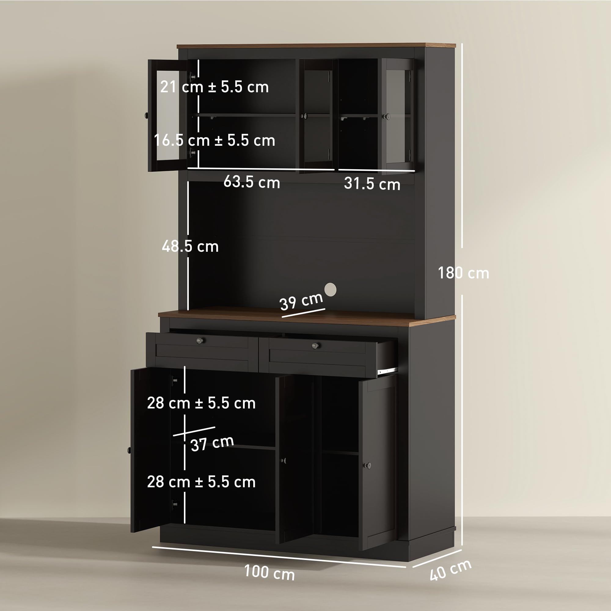 HOMCOM Credenza Cucina Alta 2 Cassetti Portamicroonde 100x40x180cm Nero | Con Armadietti, Mobile Dispensa Stretto, Ante in Vetro, Ripiani Regolabili, Soggiorno Sala da Pranzo