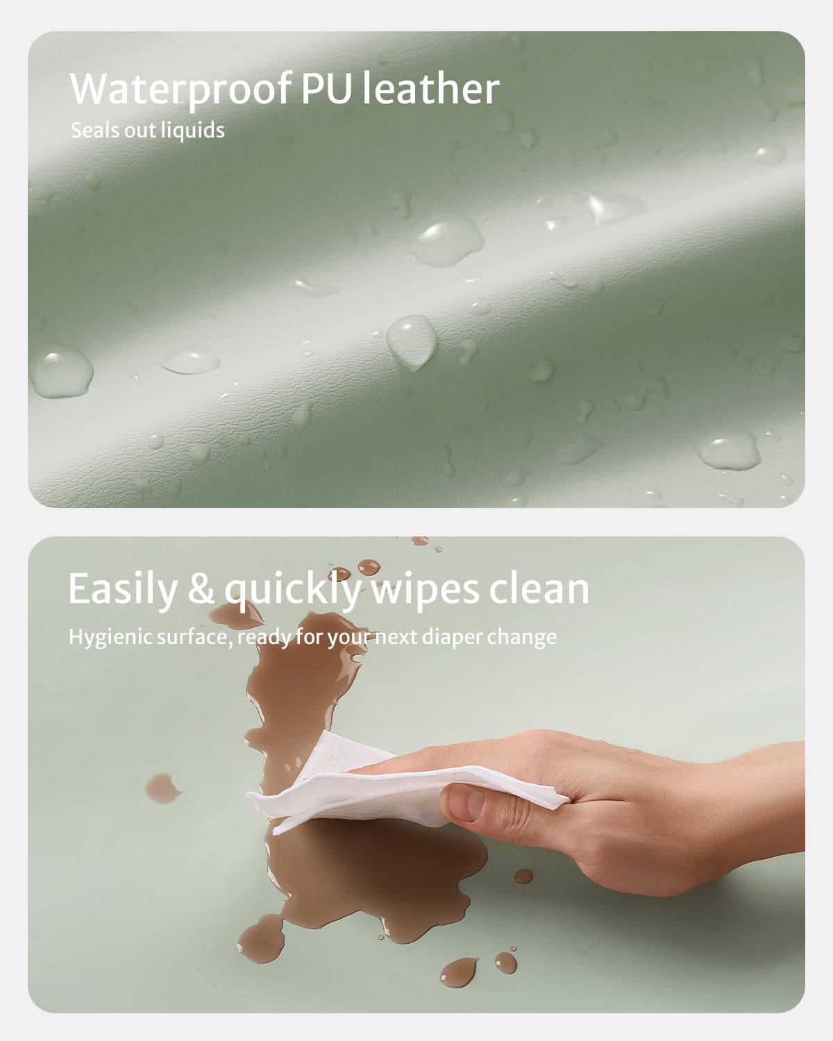 Blissful Diary Wickelunterlage aus veganem Leder mit wasserdichtem und abwischbarem PU-Bezug, Standardgröße, gemütliche Baby-Wickeltischunterlagen für Kommoden/Tische, Hellgrün