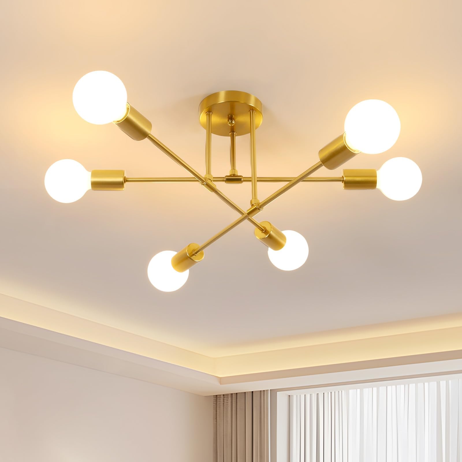 Modern Ceiling Light, Gold Chandelier Sputnik with 6 E27 Lampholders Max. 60 W, Retro Ceiling Lamp for Bedroom Living Room Kitchen, Bulbs Not Included