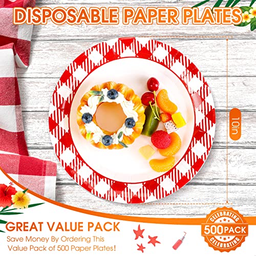 500 Pcs Disposable Round Paper Plates Bulk 10 Inch Red And White Gingham Plates Checkered Picnic Paper Dishs Red Plaid Summer Plates Oval Dessert Plates Cut Proof For Home Picnic Party Everyday Use #TOP2