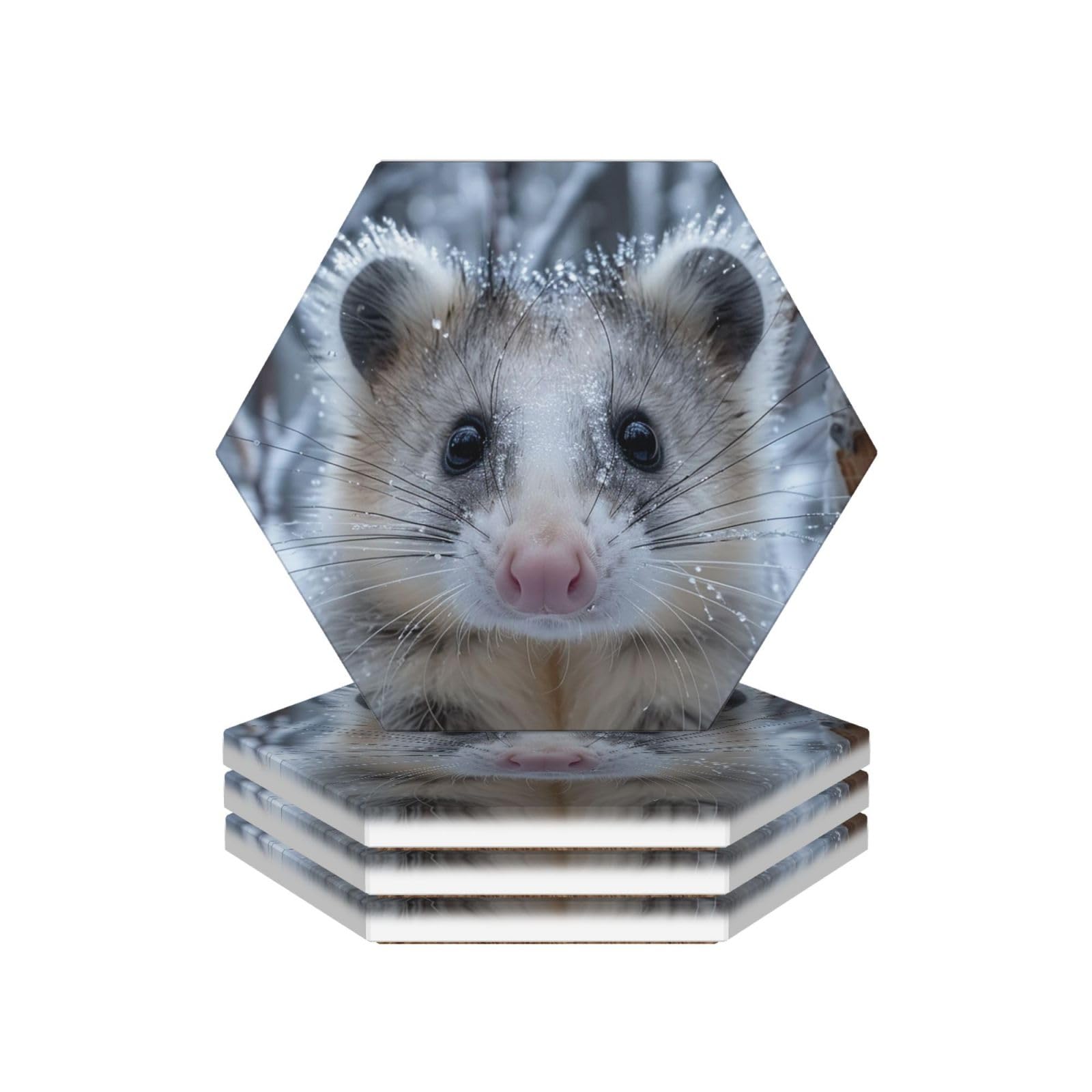 Drink Coasters Set of 4 Ceramic Coaster Opossum In Snow Coasters for Drinks Cups Mugs Mat Pads Absorbent Non-Slip Decorative Cup Coaster for Coffee Table Kitchen Bar Home Decor
