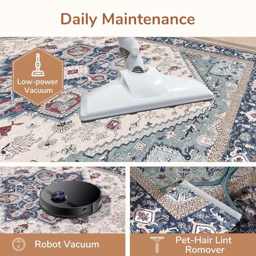 OPPODREAM Soft Round Rug 4ft, Washable Circle Rug 4ft with Non Slip Backing Play Room, Low-Pile Carpet 4 ft, Small Faux Cashmere Throw Carpet, Navy Blue & Red & Cream