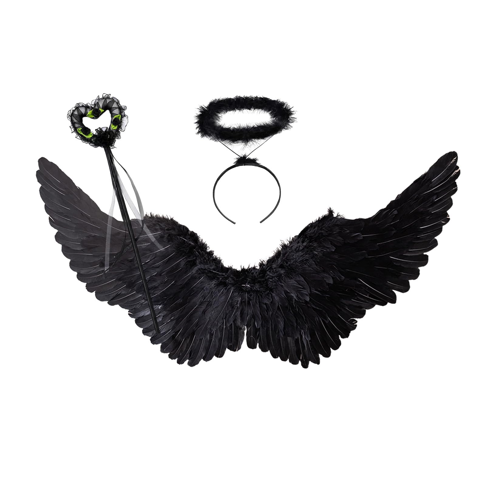 3 Pièces Ailes De Fée Enfants 60cm - Costume Carnaval Avec Halo Ange Et Baguette - Déguisement Ange & Diable Pour Fête Et Cosplay (Noir)