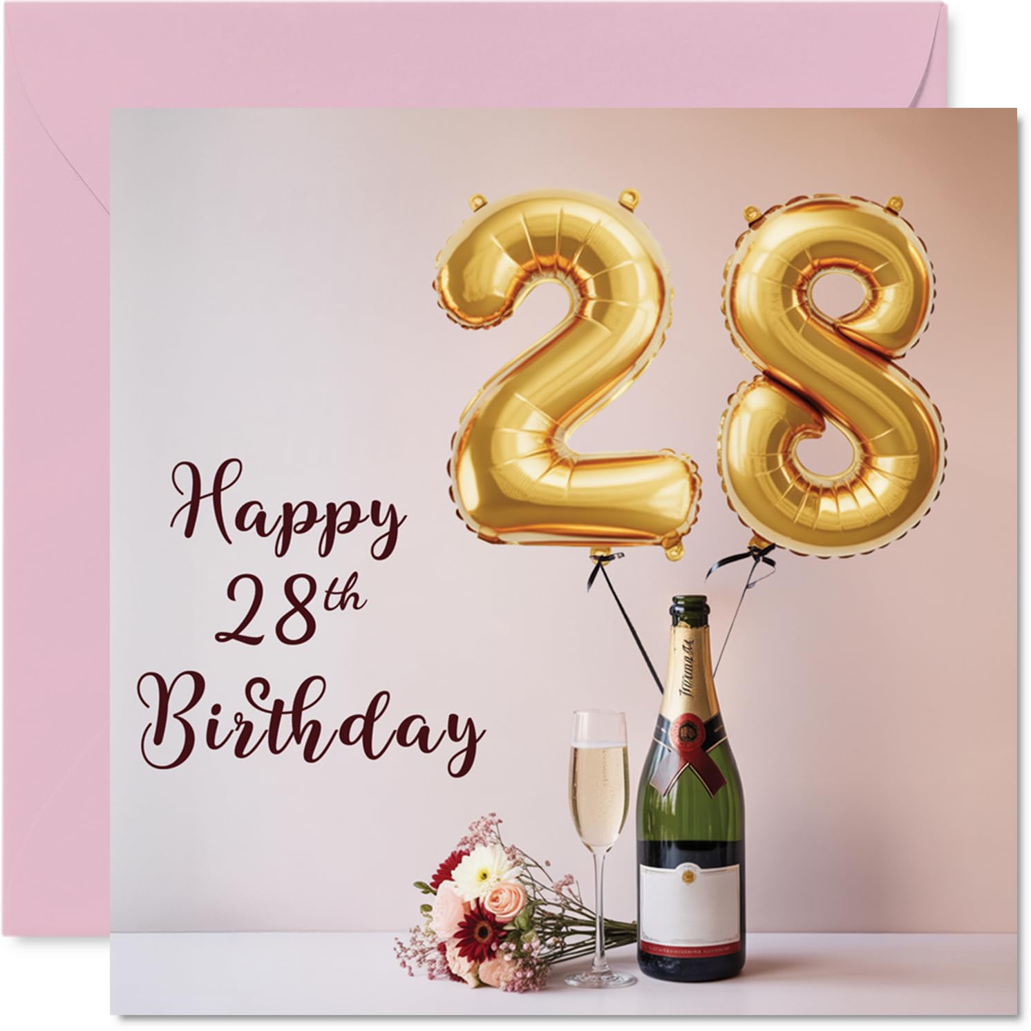 28th Birthday Cards for Women and Men, Balloons & A Bottle of Bubbly