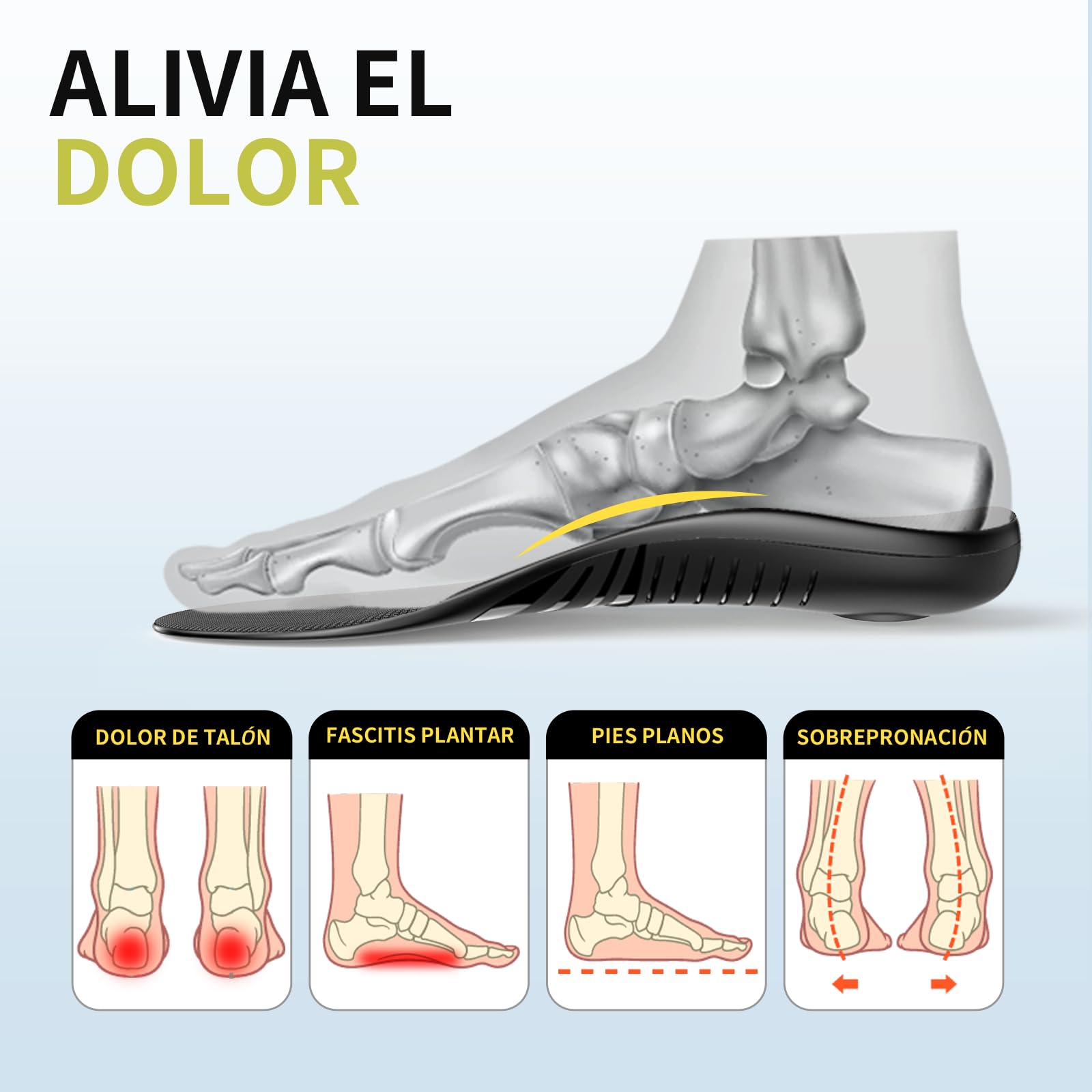 Plantillas para Fascitis Plantar con Soporte de Arco Rígido Alto, Insertos Ortopédicos para Pies Planos M:44-46