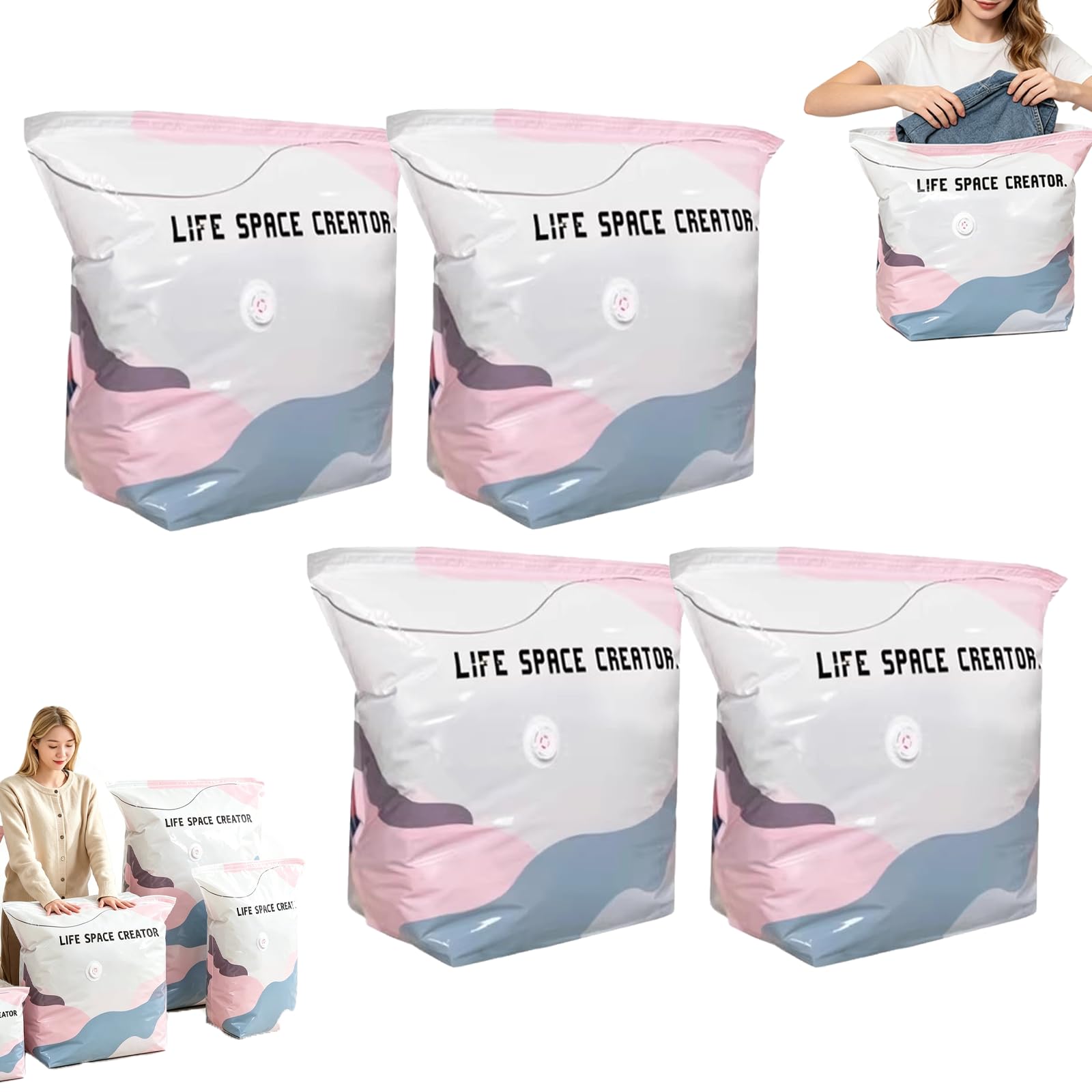 No‑Pump Vacuum Storage Bags – Press & Seal, Extra Large Vacuum Storage Bags, Roll-Up Compression, Space Saver Dust-Proof Vacuum Seal Bag, Reusable Vacuum Pack Bags For Clothes Duvet Travel (M-4pcs)