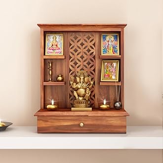 Sheesham Wood Temple for Home | Pooja Mandir for Puja Room with 1 Drawer Storage & Shelf | Pooja Mandap Wood Religious Home Temple (Honey Finish)