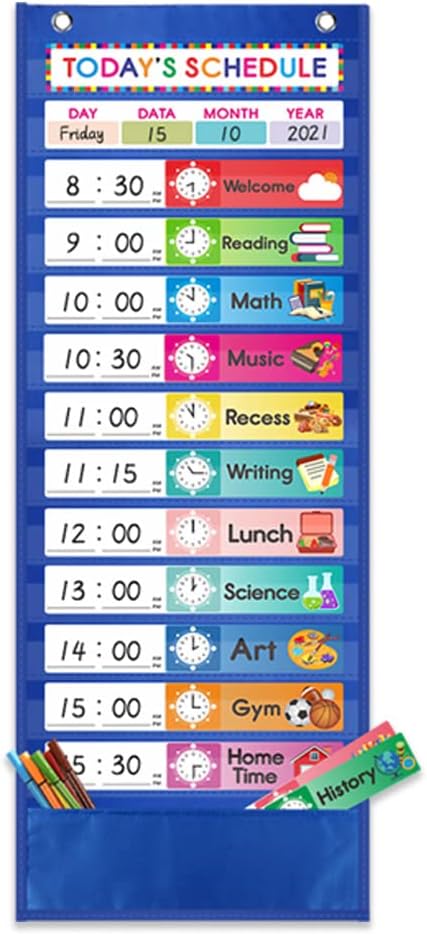 Daily Schedule Pocket Chart. Kids Chart with 15 Dry-Eraser Cards. 13+1 Pockets. for Classroom & Home (Blue)