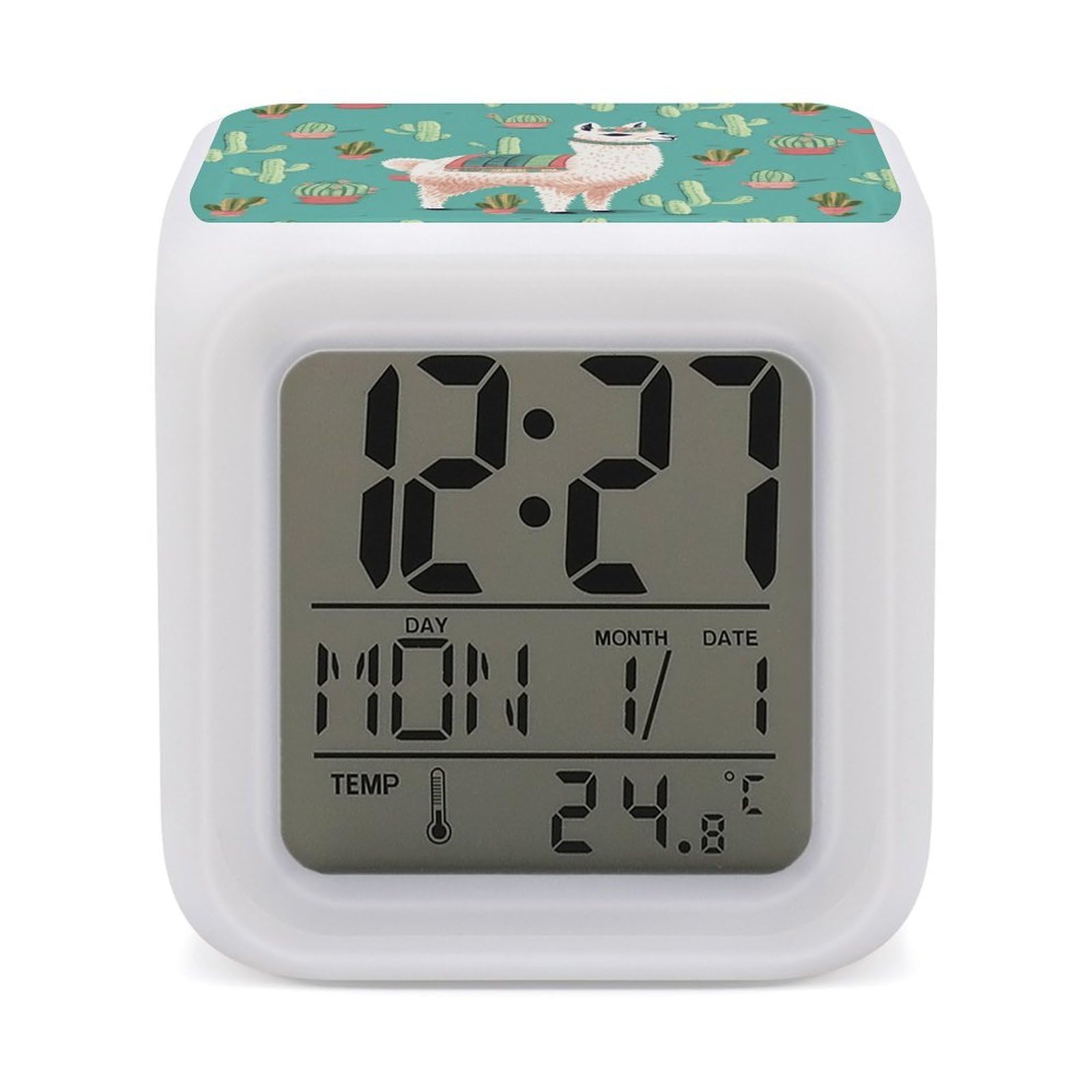 VstaDank Alpaca Cactus Alarm Clock with 7 Color Changing Night Light Date Temp Display Wake Clocks LED Display Digital Clock Electric Desk Clocks for Living Office Bedroom Decor