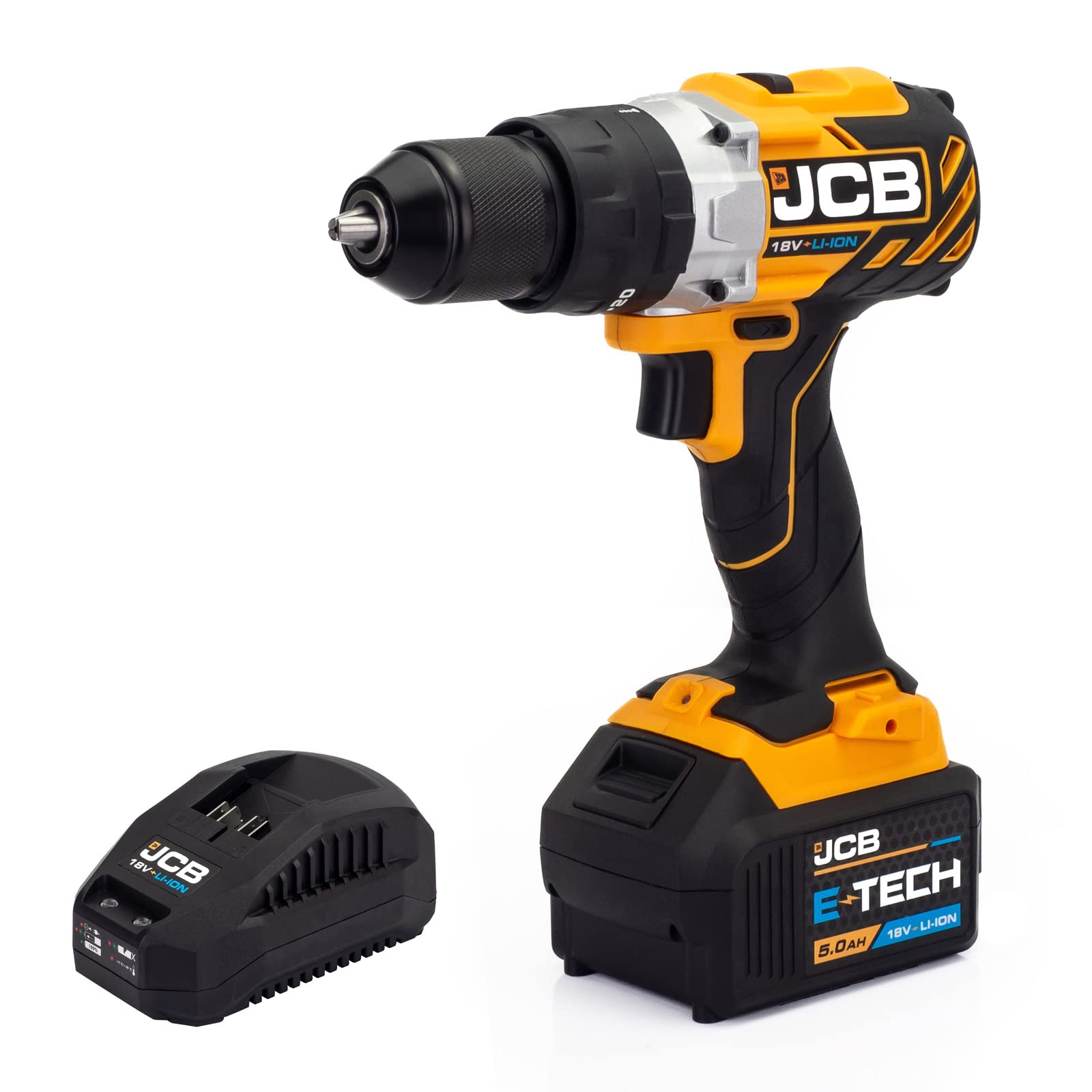 Jcb Yellow 18V Brushless Cordless Combi Drill, 5Ah Battery, Fast Charger, Variable Speed, Led Light, Belt Clip, Rubber Grip, 3Y Warranty, 18V Li-Ion, 13Mm, 1800Rpm, 65Nm, Uk Support