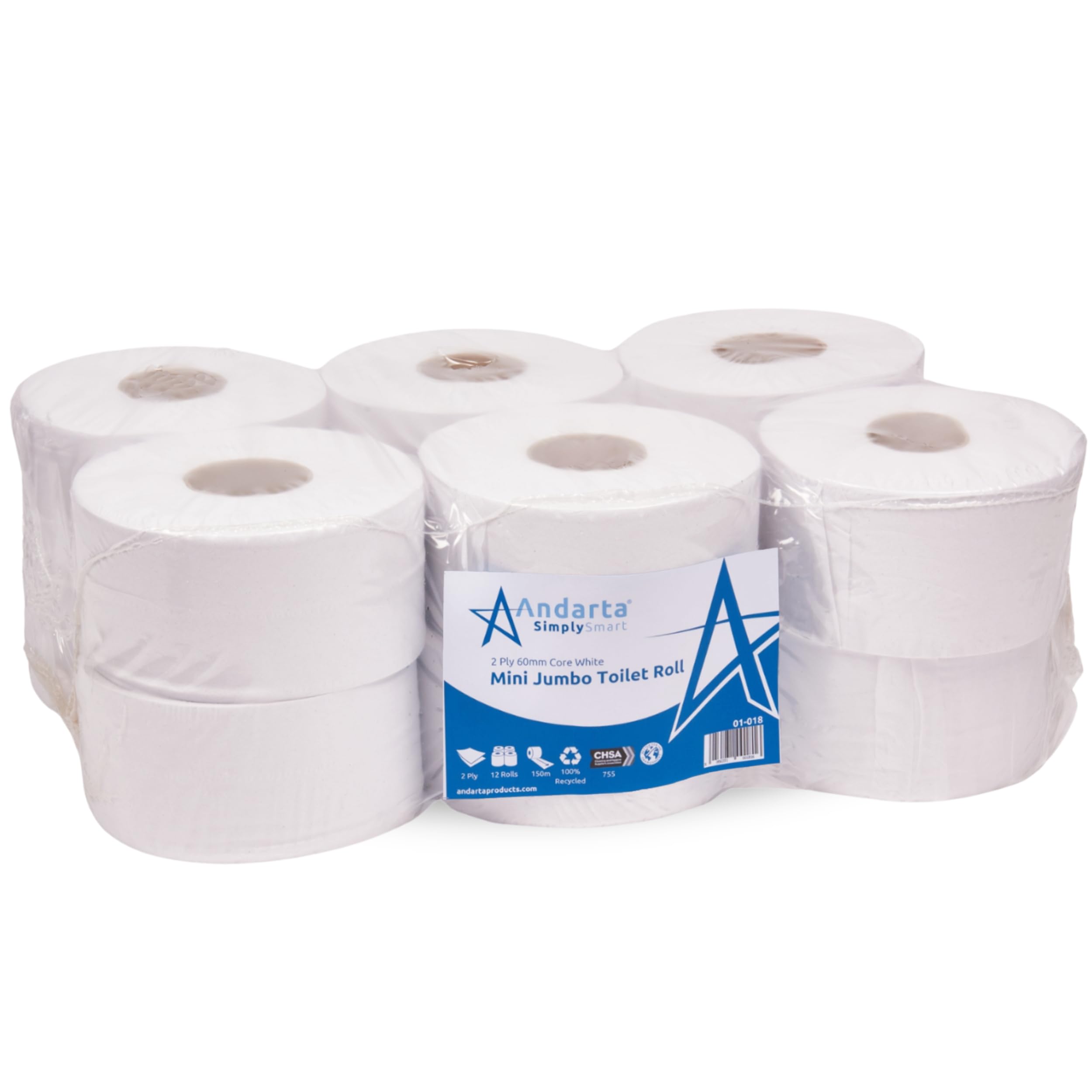62mm Core 2Ply Mini Jumbo White Toilet Rolls - Pack of 12 High Capacity Toilet Roll - 150m Per Roll - Made from Recycled Materials - Suitable for All Jumbo Dispenser