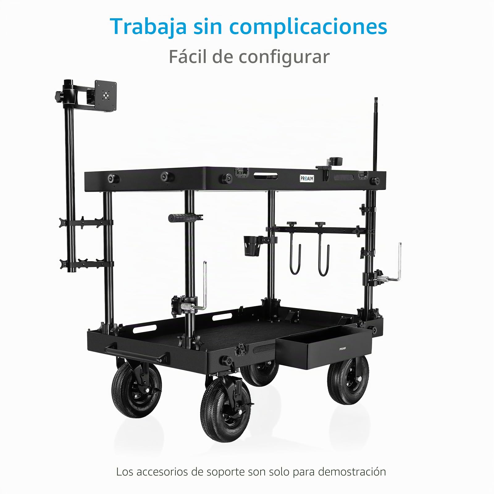 PROAIM Bandeja Porta Accesorios para Carrito de Cámara de Aluminio | Se fija a bordes de 3 mm para organizar baterías, herramientas, tarjetas y accesorios de producción
