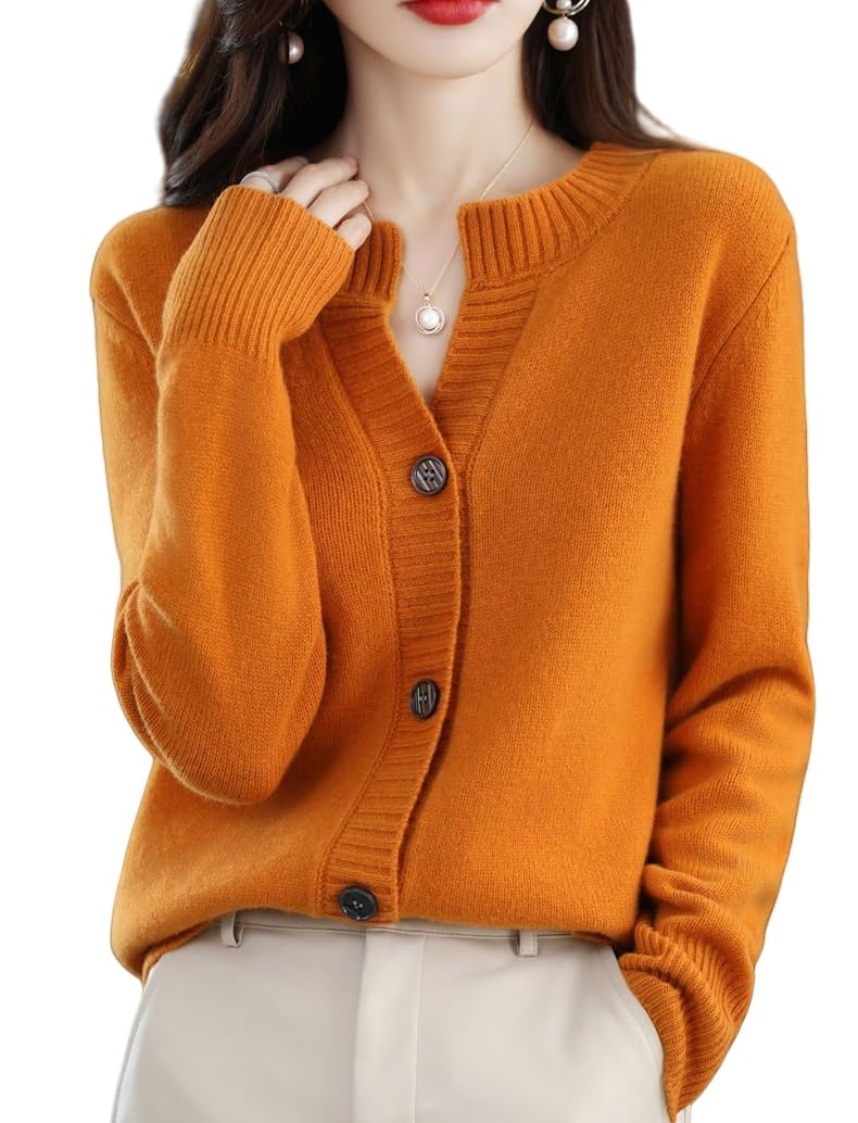 EIBA Cárdigans para Mujer,Cárdigans De Punto para Mujer, Informal, Liso, Naranja, Cuello Redondo, Botón Abierto, Suéteres Delanteros, Cárdigan, Otoño, Grueso, Suave, Acogedor, Manga Larga, Abrigo D