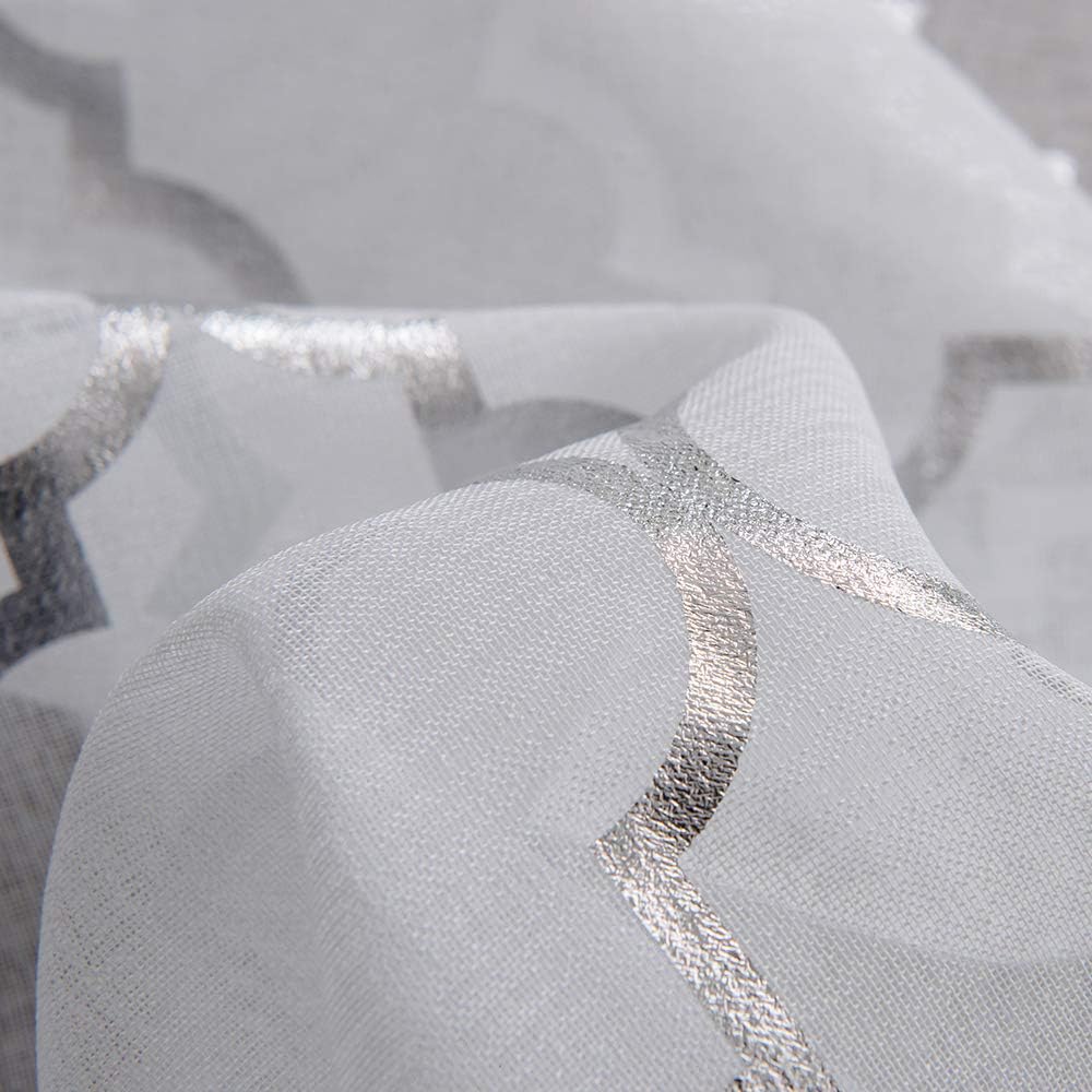 YJ YANJUN Sheer Curtains 96 inches Long 2 Panels -Rod Pocket White Voile with Silver Moroccan Tile Metallic Print for Living Room