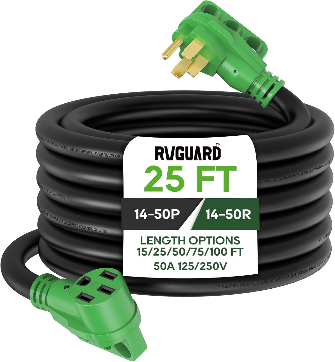 RVGUARD 50 Amp 25 Foot RV/EV Extension Cord, NEMA 14-50P/R Heavy Duty Extension Cord with LED Power Indicator and Cord Organizer, Green, ETL Listed
