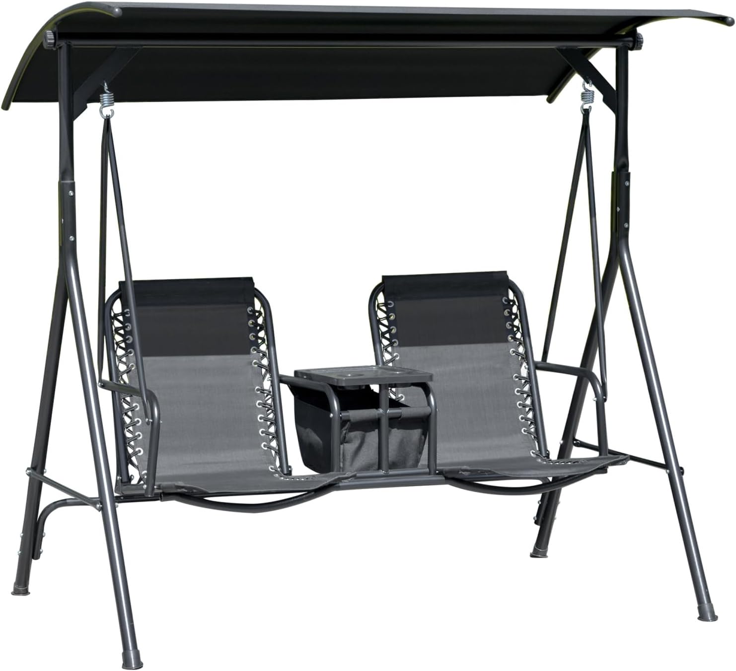 2-Seat Patio Swing Chair, Outdoor Canopy Glider with Pivot Storage Table, Cup Holder, Adjustable Shade, Bungie Seat Suspension and Weather Resistant Steel Frame, Black