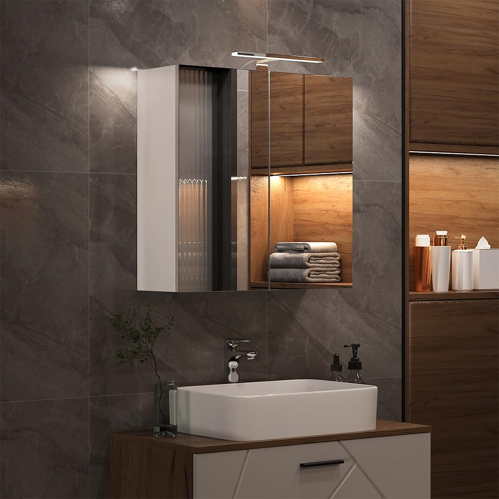 Vicco Armario con Espejo de baño Lavio, Blanco, 60 x 60 cm | con iluminación LED, con superficie de almacenamiento integrada y iluminación LED